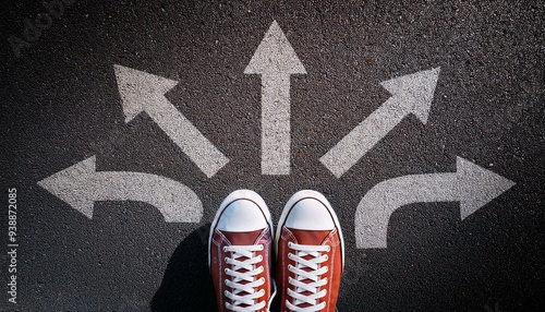 Sneakers shoes and arrows pointing in different directions on asphalt floor, life and studies choice for young people concept