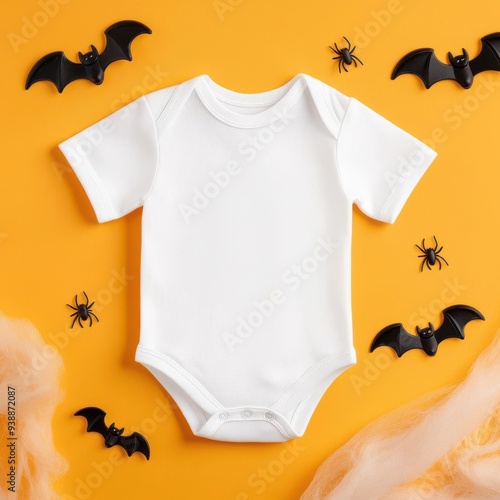 White bodysuit with a cute ghost illustration, placed against a spooky backdrop of cobwebs and bats, with mini spiders scattered around photo