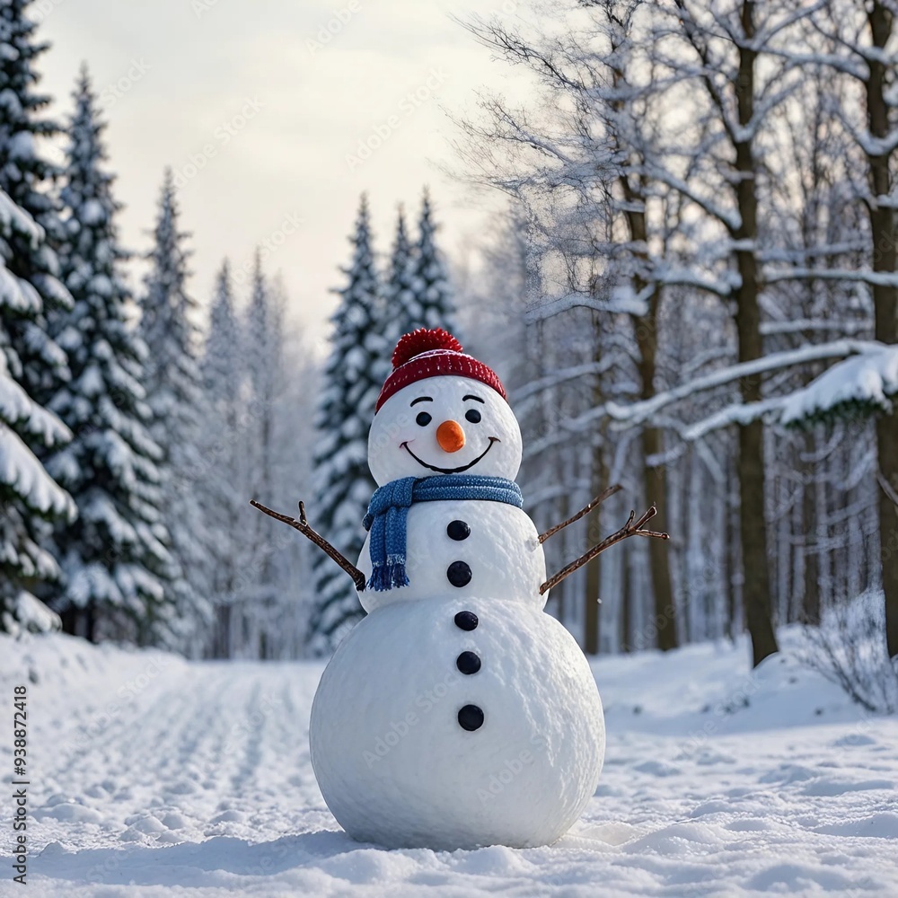 Obraz premium A snowman in a snowy forest 
