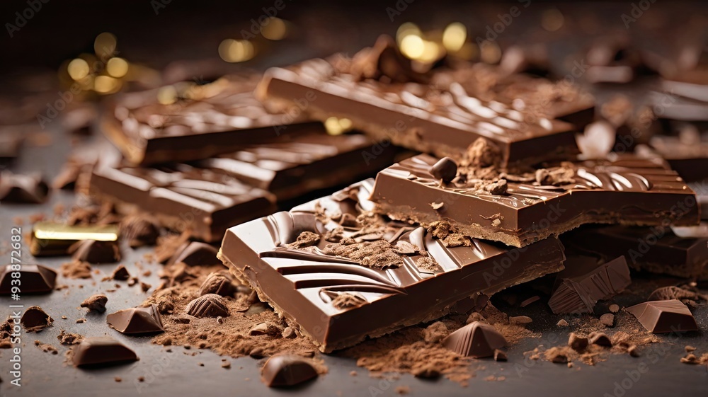 Close-up of dark chocolate bar pieces with cocoa powder on a dark surface. Close-up of dark chocolate bar pieces with cocoa powder on a dark surface.