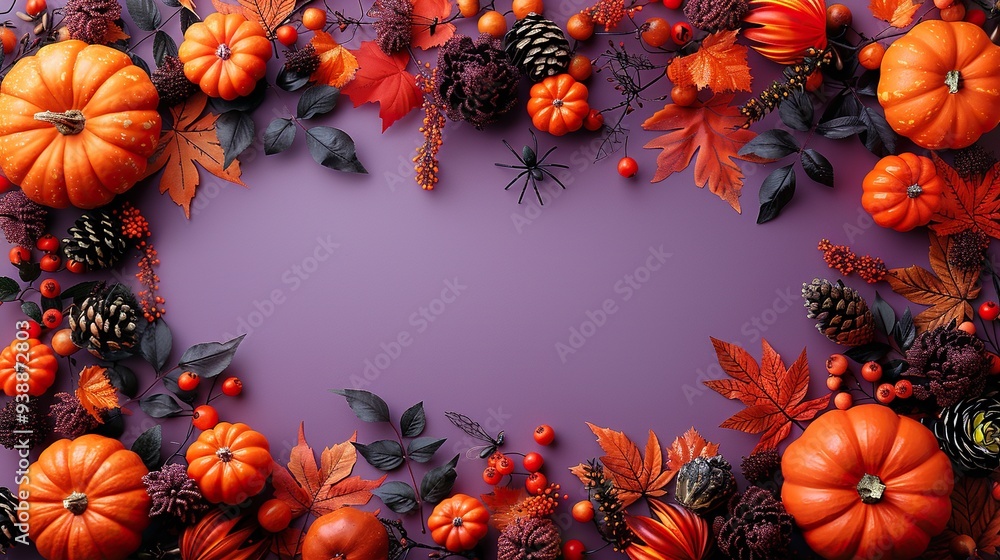 Obraz premium Halloween decorations on purple background flat lay with skeletons, bats, silhouettes, spiders, and pumpkins. Happy Halloween concept.