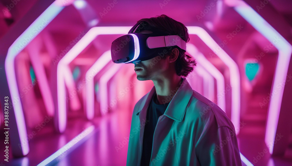 A young man wearing a virtual reality headset stands in a futuristic, neon-lit environment A young man wearing a virtual reality headset stands in a futuristic, neon-lit environment
