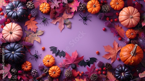 Halloween decorations on purple background flat lay with skeletons, bats, silhouettes, spiders, and pumpkins. Happy Halloween concept.