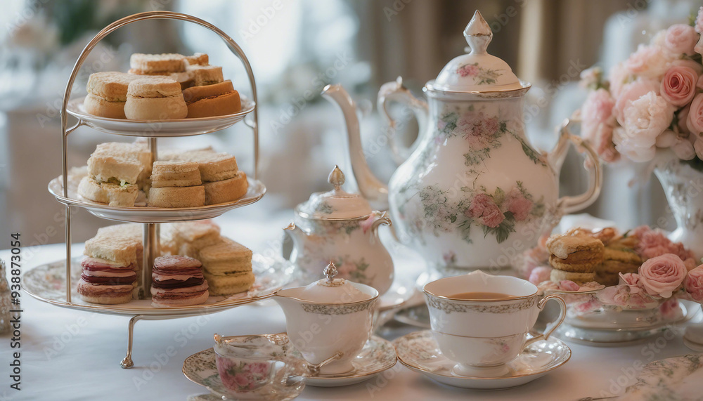 Naklejka premium An elegant afternoon tea setup with a tiered stand filled with delicate sandwiches, scones, and past