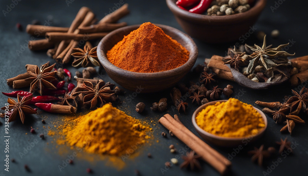 An artistic arrangement of various vibrant spices scattered across a dark surface An artistic arrangement of various vibrant spices scattered across a dark surface