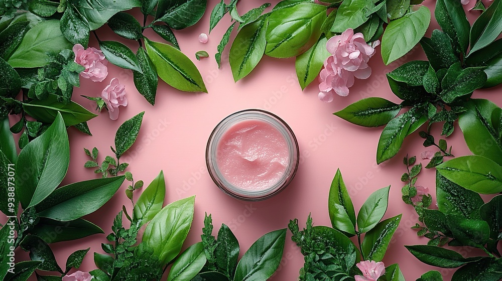 Natural cosmetics frame on pink background spa organic beauty product design branding Natural cosmetics frame on pink background spa organic beauty product design branding