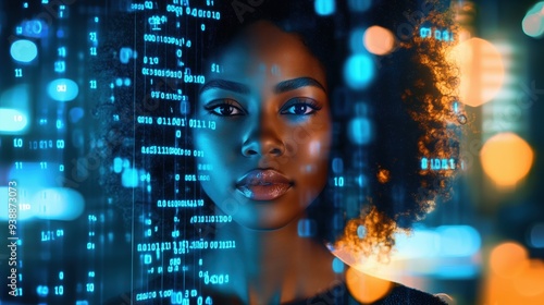 A striking double exposure of an African American woman's face intertwined with glowing binary code, representing the digital era with neon blue tones. Her curly hair and intense eyes reflect light am