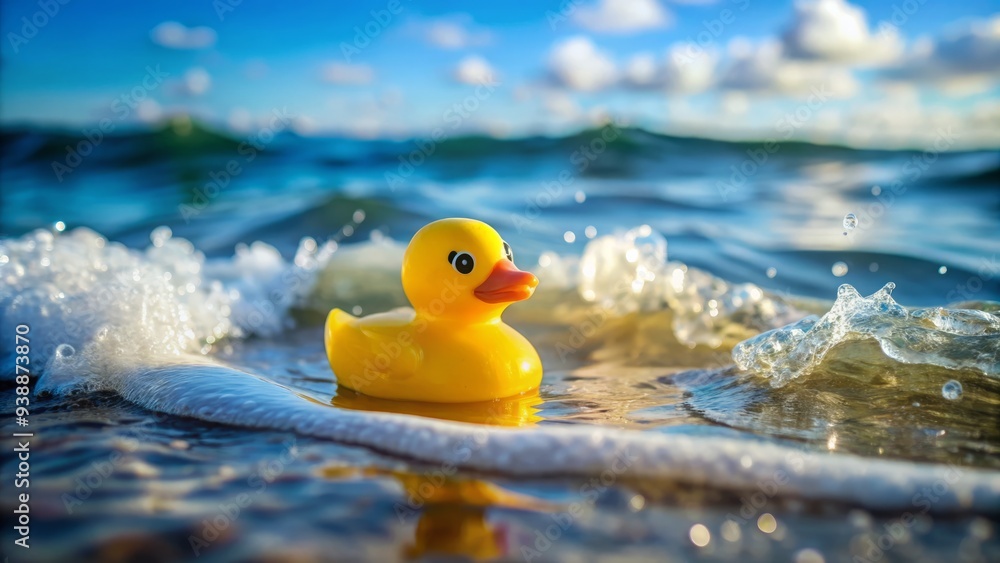 A Yellow Rubber Duck Toy Is Captured In Sharp Focus, Floating In Clear Water, Surrounded By Playful Waves. A Yellow Rubber Duck Toy Is Captured In Sharp Focus, Floating In Clear Water, Surrounded By Playful Waves.