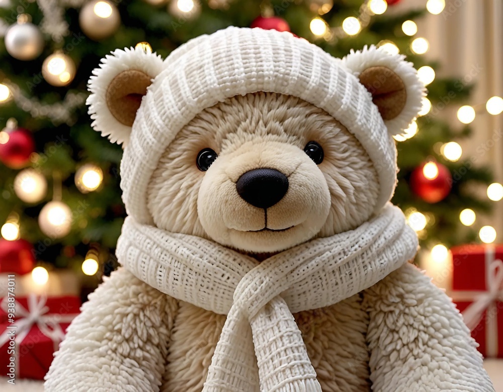a teddy bear in a scarf and hat under a Christmas tree a teddy bear in a scarf and hat under a Christmas tree