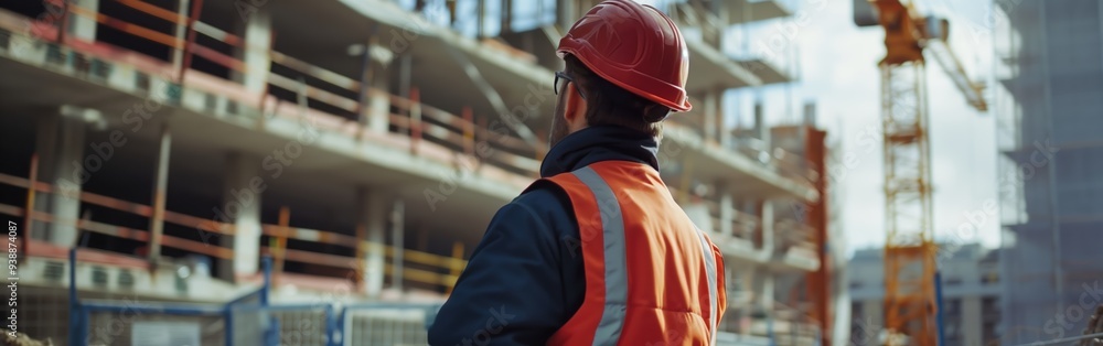Architect Standing on a Building Site with Construction Helmet and Safety Vest Overseeing Progress Architect Standing on a Building Site with Construction Helmet and Safety Vest Overseeing Progress
