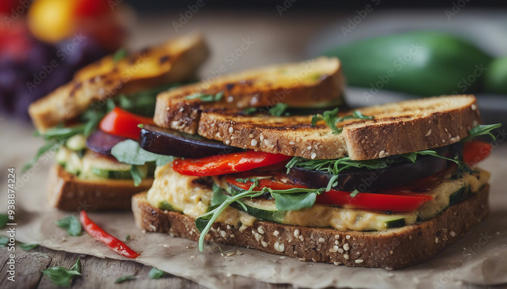 Rustic Grilled Vegetable Sandwich A close-up of a sandwich filled with a variety of grilled vege Rustic Grilled Vegetable Sandwich A close-up of a sandwich filled with a variety of grilled vege