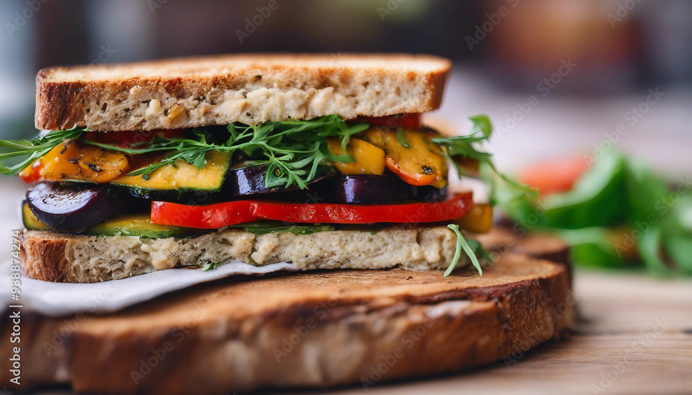 Rustic Grilled Vegetable Sandwich A close-up of a sandwich filled with a variety of grilled vege Rustic Grilled Vegetable Sandwich A close-up of a sandwich filled with a variety of grilled vege