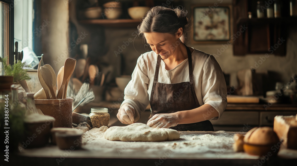 A woman kneading dough in a rustic kitchen with natural light. A woman kneading dough in a rustic kitchen with natural light.