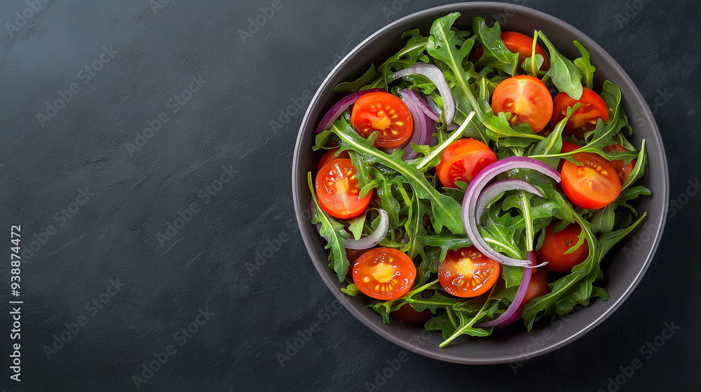 A fresh salad with cherry tomatoes, arugula, and red onions in a black bowl on a dark background. A fresh salad with cherry tomatoes, arugula, and red onions in a black bowl on a dark background.