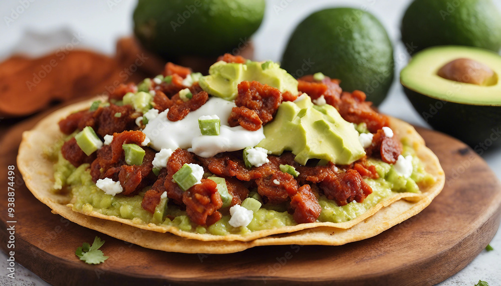 Spicy Chorizo and Avocado Tostada A close-up of a crunchy tostada topped with spicy chorizo, creamy Spicy Chorizo and Avocado Tostada A close-up of a crunchy tostada topped with spicy chorizo, creamy
