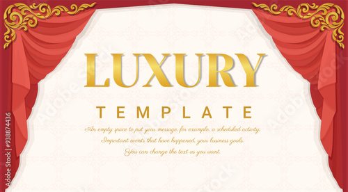 Luxury curtains Red color, Hand drawn style, Baroque ornament, and Golden outline floral border. Square theater background. Vector illustration.