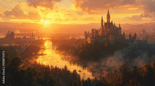 A majestic fairytale castle perched on a hill, with tall spires, surrounded by lush forests and a sparkling river under a golden sunset