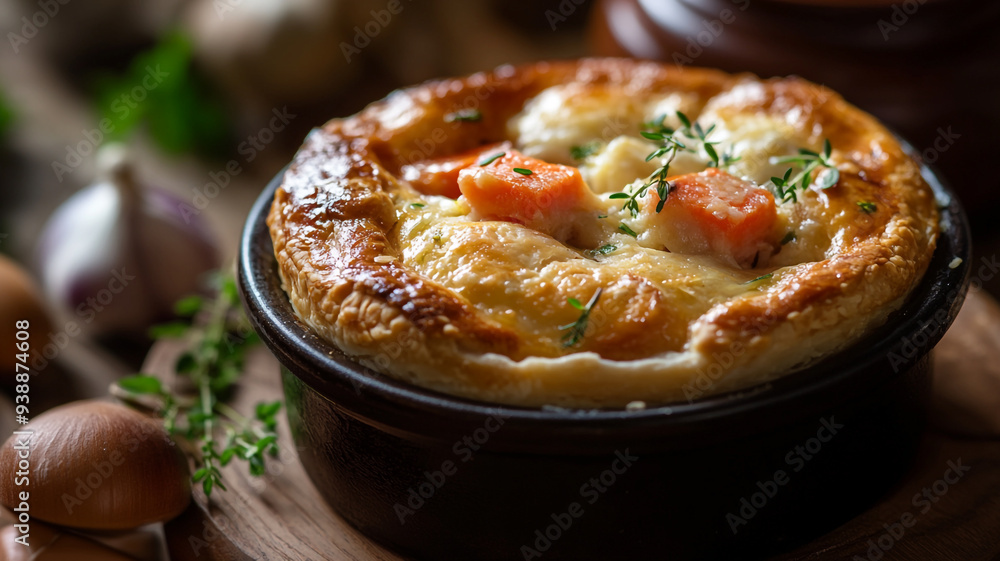 Delicious homemade chicken pot pie with golden flaky crust on a rustic wooden table surrounded by fresh herbs and vegetables Delicious homemade chicken pot pie with golden flaky crust on a rustic wooden table surrounded by fresh herbs and vegetables