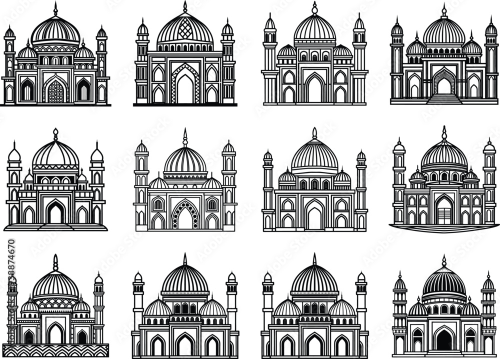 Obraz premium Mosques with Domes and Minarets in Various Architectural Styles and Designs
