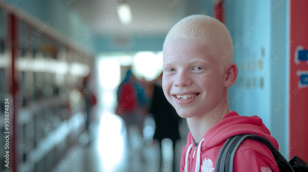 An albino boy smiles as he looks at the camera while standing in a school hallway. An albino boy smiles as he looks at the camera while standing in a school hallway.