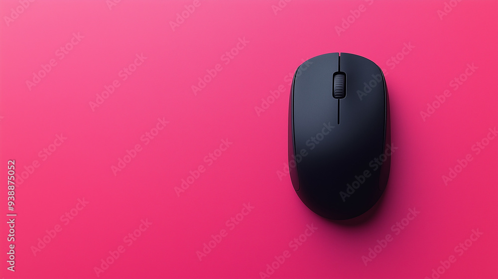 A black wireless computer mouse placed on a vibrant pink background. A black wireless computer mouse placed on a vibrant pink background.