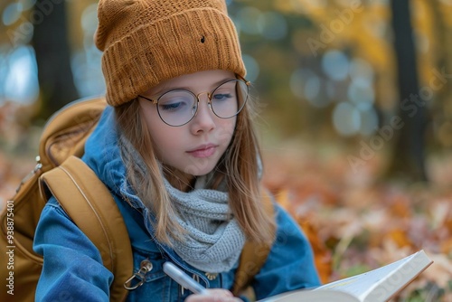 Autumn Park Study Session: Young Student Girl Sporting Glasses and Carrying a Backpack photo