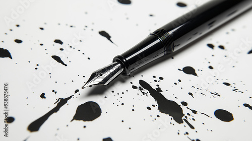 A fountain pen on white paper with scattered black ink splatters around it. 