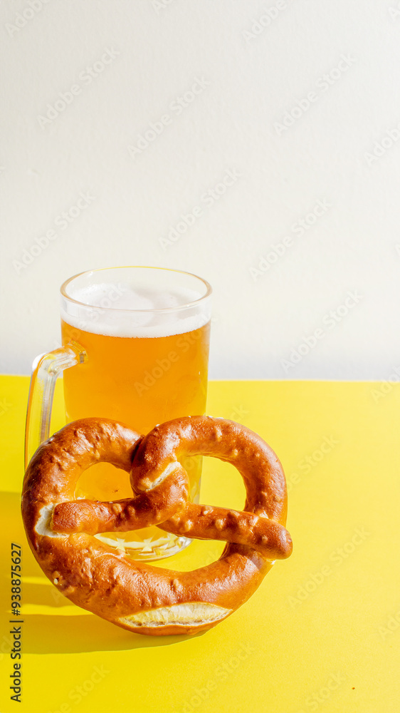 A frothy mug of beer with a pretzel on a yellow background, perfect for celebrating Oktoberfest or German culture A frothy mug of beer with a pretzel on a yellow background, perfect for celebrating Oktoberfest or German culture