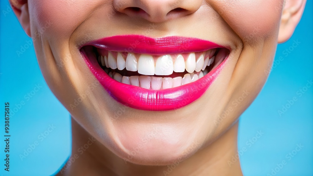 Bright, Healthy Smile With White Teeth And Pink Gums Against A Blue Background, Showcasing Dental Hygiene And Oral Care. Bright, Healthy Smile With White Teeth And Pink Gums Against A Blue Background, Showcasing Dental Hygiene And Oral Care.