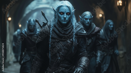 drow female warrior with twin braids and glowing red eyes leading a group through a dim corridor, emanating power and fearlessness