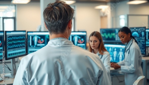 Side view of doctors looking at x-ray monitors in medical office