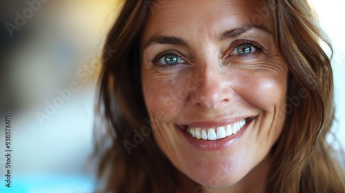 Smiling Mid-Aged Woman with a Perfect Smile Highlighting Beautiful Teeth and Joyful Expression in Close-Up Portrait