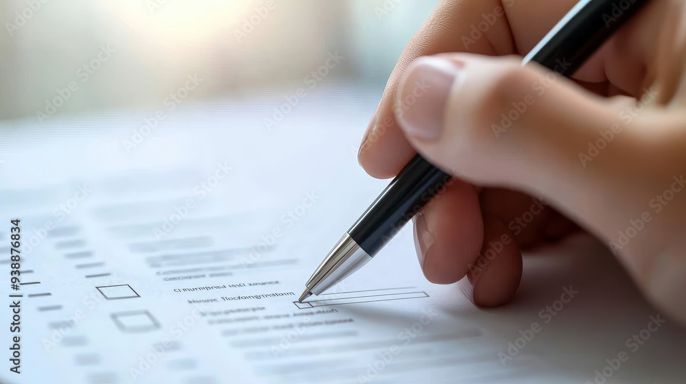 Headhunter using a pen to tick the correct mark on a resume application form, focusing on screening and selecting the best candidates. Headhunter using a pen to tick the correct mark on a resume application form, focusing on screening and selecting the best candidates.