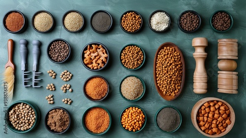 Pet accessories: dry feed bowl, toys, grooming equipment on green table, flat lay top view. photo