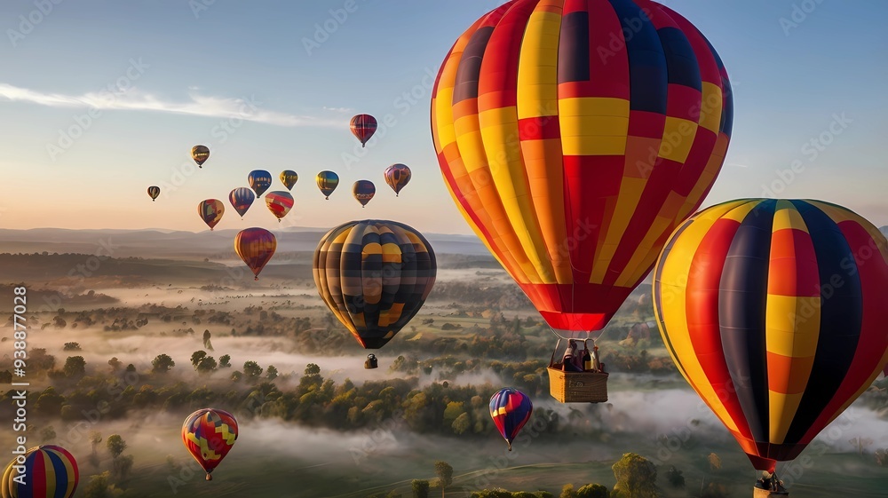 Fototapeta premium Colorful balloons float high above the morning mist. Amidst the pink-orange sky Create a bright and romantic feeling, Generetive Ai