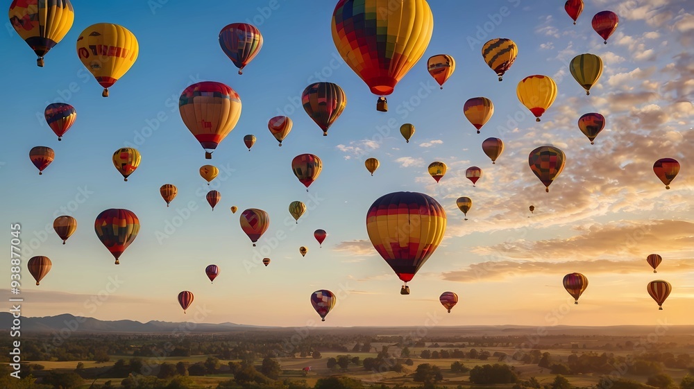 Naklejka premium Hot air balloon adventure Above, beautiful views of valleys and villages, Generetive Ai
