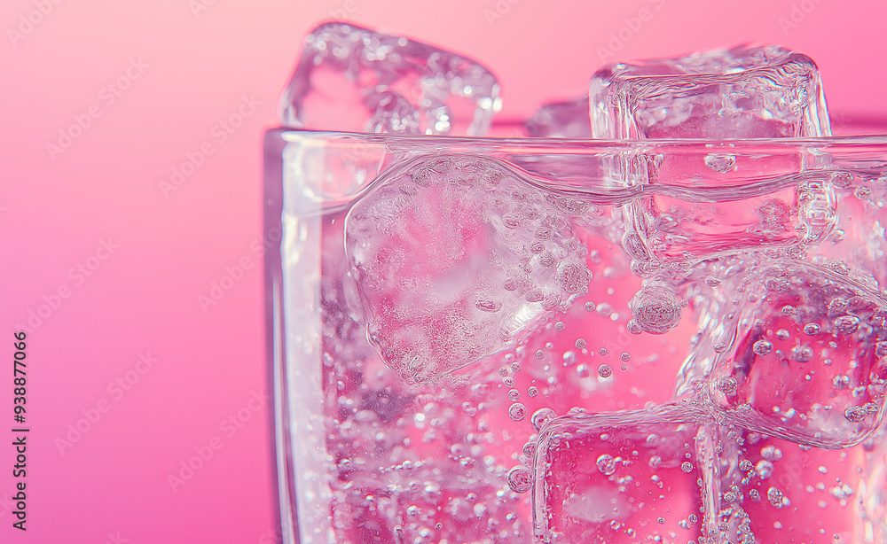 A refreshing glass of sparkling water with ice cubes against a pink background. A refreshing glass of sparkling water with ice cubes against a pink background.