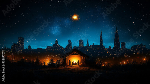Nativity scene is illuminating a modern city skyline at night with the star of bethlehem shining brightly above