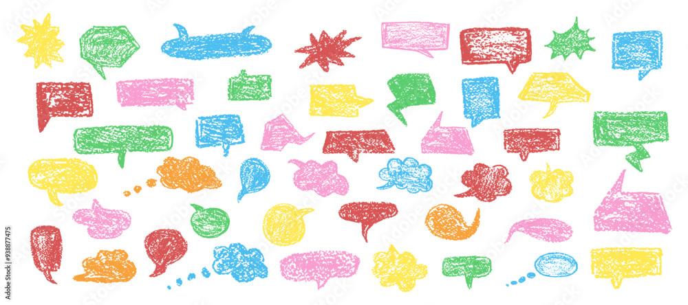 Fototapeta premium Set of fun speech bubbles for chat. Comic frame templates for dialogues. Collection of children speech balloons handwriting with wax pen. Colorful frames in school doodle style. Vector illustration