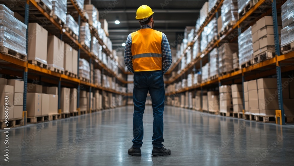 An industrial worker wearing safety gear stands in the center of an empty warehouse An industrial worker wearing safety gear stands in the center of an empty warehouse