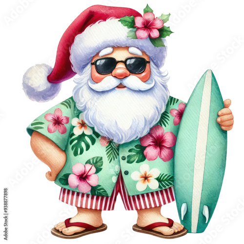 Santa Claus in a tropical outfit with a surfboard, wearing sunglasses and a Hawaiian shirt, ready for a summer holiday at the beach.