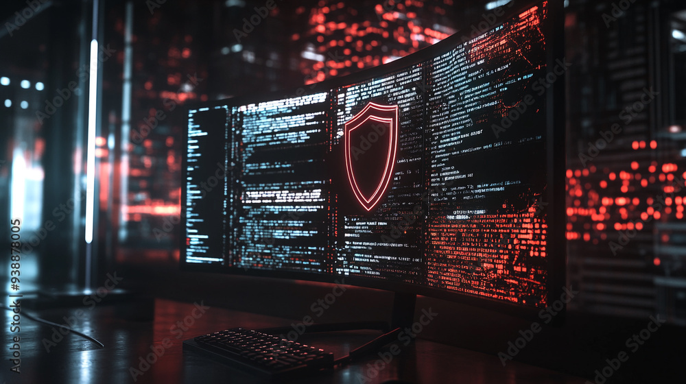 A high-tech cybersecurity setup with multiple screens showing code and ...