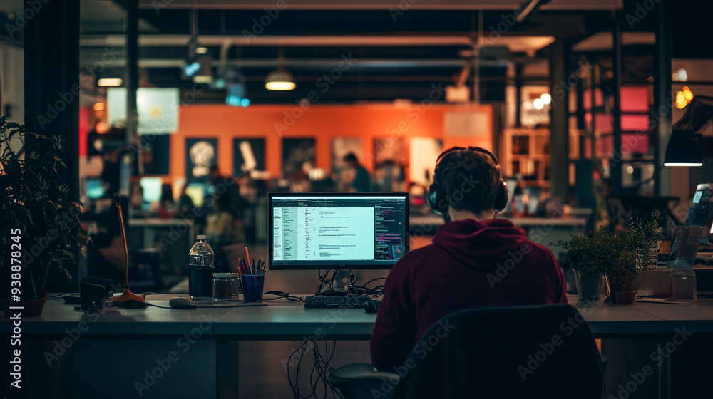 Fototapeta premium A focused programmer works late at night in a modern office with multiple screens and a vibrant atmosphere filled with creativity