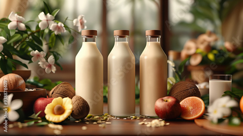 Elegant Three-Pack Design of Trendy Plant Milk Bottles with Nuts and Fruits in a Natural Setting photo