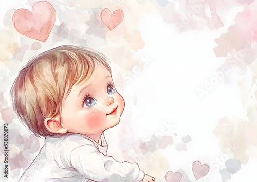 Cute baby with blonde hair and big blue eyes looking up at hearts on a watercolor background.