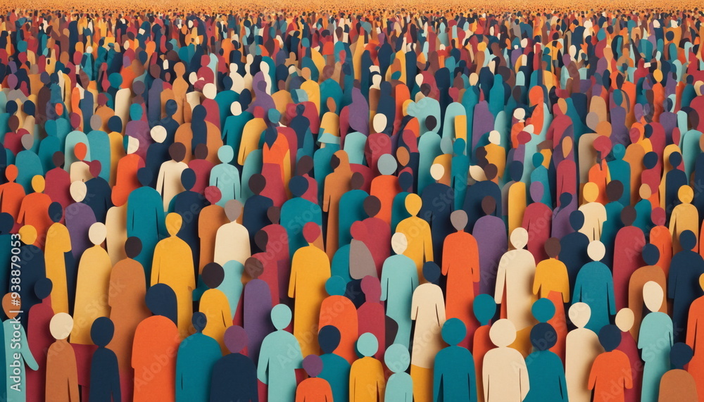Fototapeta premium A sea of colorful, faceless figures representing a large crowd gathered together at an outdoor setting, possibly symbolizing diversity or unity in a group