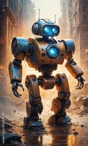 A yellow robot with blue lights strides confidently through the debris of a devastated city landscape under a bright sky