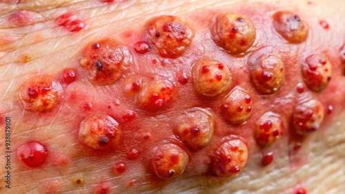 Close-up of a red, swollen, and inflamed skin area with pus-filled blisters and lesions, indicating a severe bacterial or fungal infection. photo