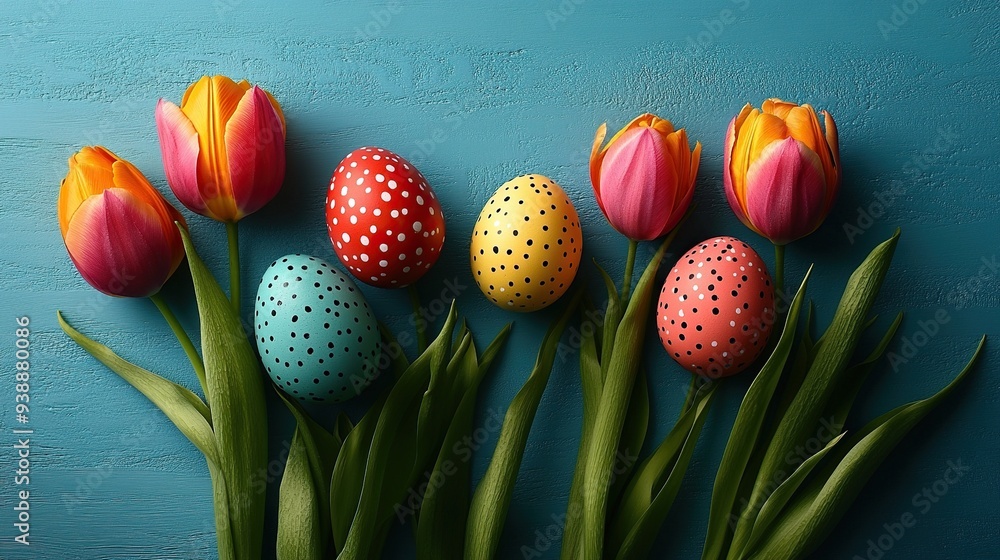 Happy Easter with colorful eggs and tulips on a light blue background flat lay. Happy Easter with colorful eggs and tulips on a light blue background flat lay.