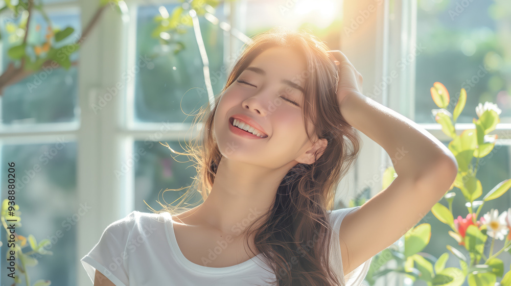Joyful Young Woman in Sunlit Room Embracing Self-Care with Radiant Smile and Relaxed Expression Joyful Young Woman in Sunlit Room Embracing Self-Care with Radiant Smile and Relaxed Expression